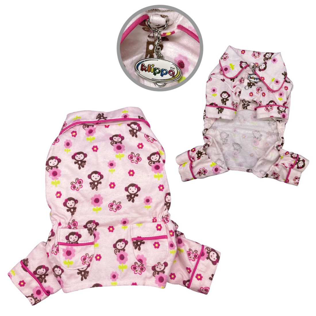 Girly Monkey Flannel Dog Pajamas with 2 Pockets - Pink