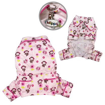 Girly Monkey Flannel Dog Pajamas with 2 Pockets - Pink