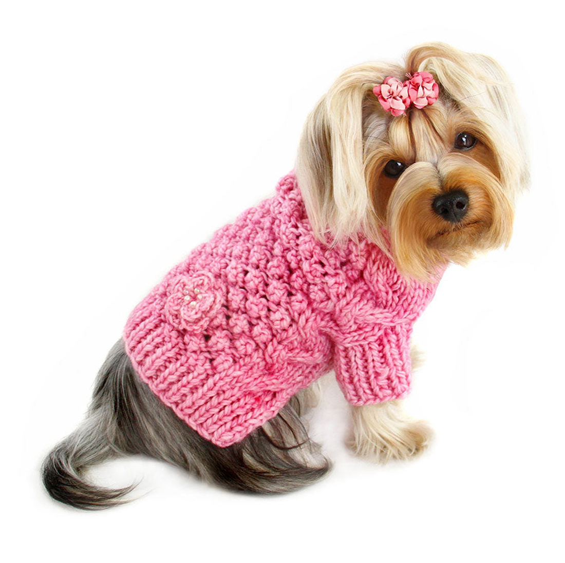 Pink Bobble Stitch Turtleneck Hand-Knitted Dog Sweater