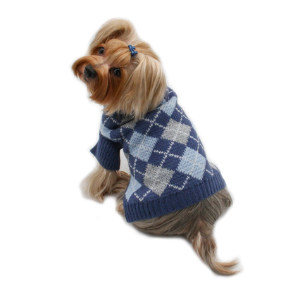 Argyle Turtleneck Dog Sweater in Navy, Grey and Light Blue