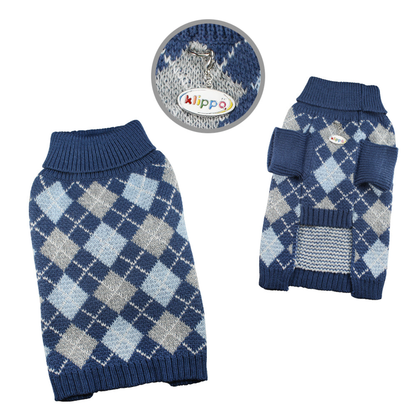 Argyle Turtleneck Dog Sweater in Navy, Grey and Light Blue