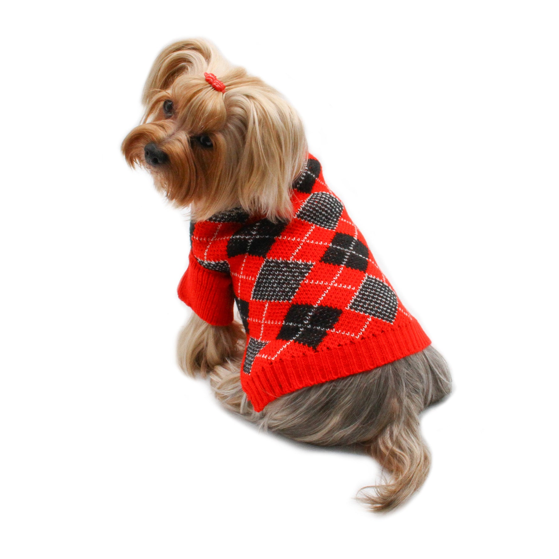 Argyle Turtleneck Dog Sweater in Red, Black and White