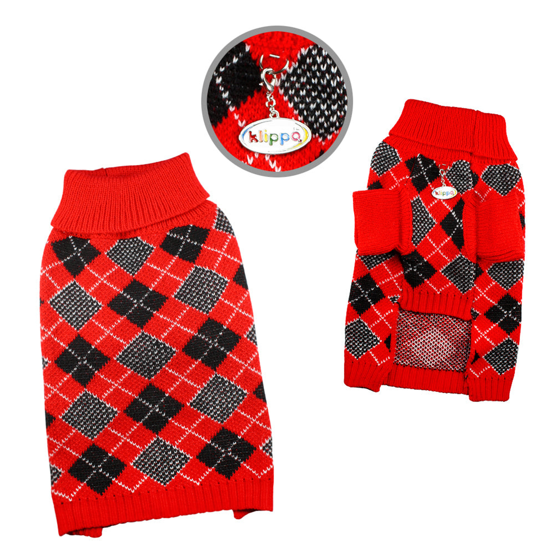 Argyle Turtleneck Dog Sweater in Red, Black and White