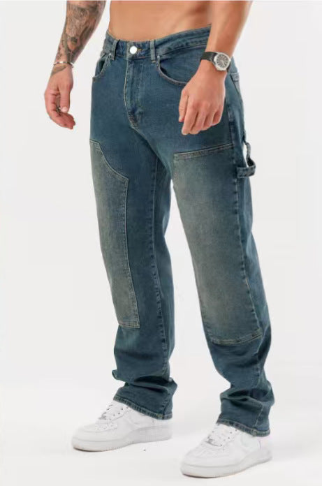 Mens Patchwork Loose Fit Jeans Straight Trousers