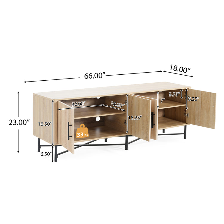 4-Door TV Cabinet with Adjustable Shelves Natural Finish