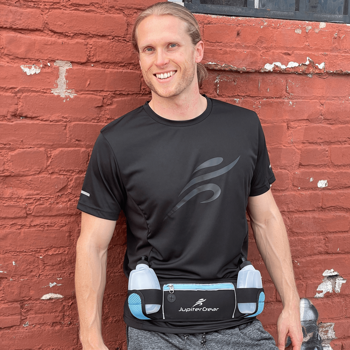 Running Hydration Belt with Water-Resistant Pockets and Two Water Bottles