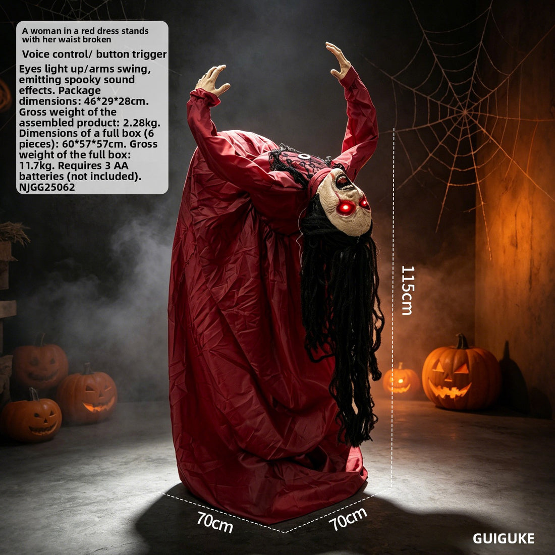 Red-Clothed Female Ghost Halloween Prop with Sound and Motion Activation