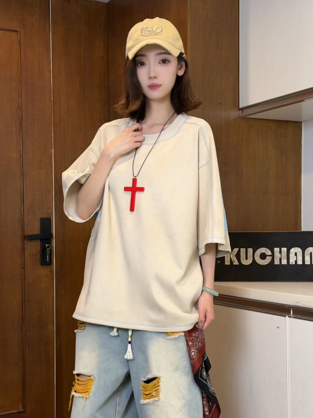 Letter-stitched design short sleeve shirt