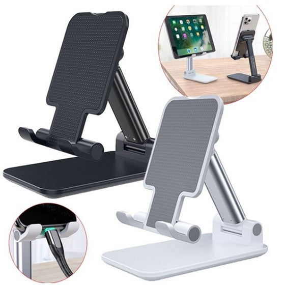 Black and white foldable desktop phone and tablet stands holding a phone