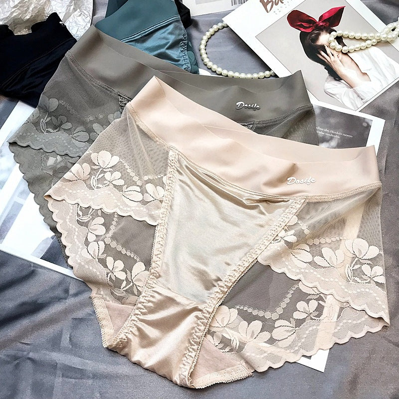 Women High Waist Lace Satin Briefs