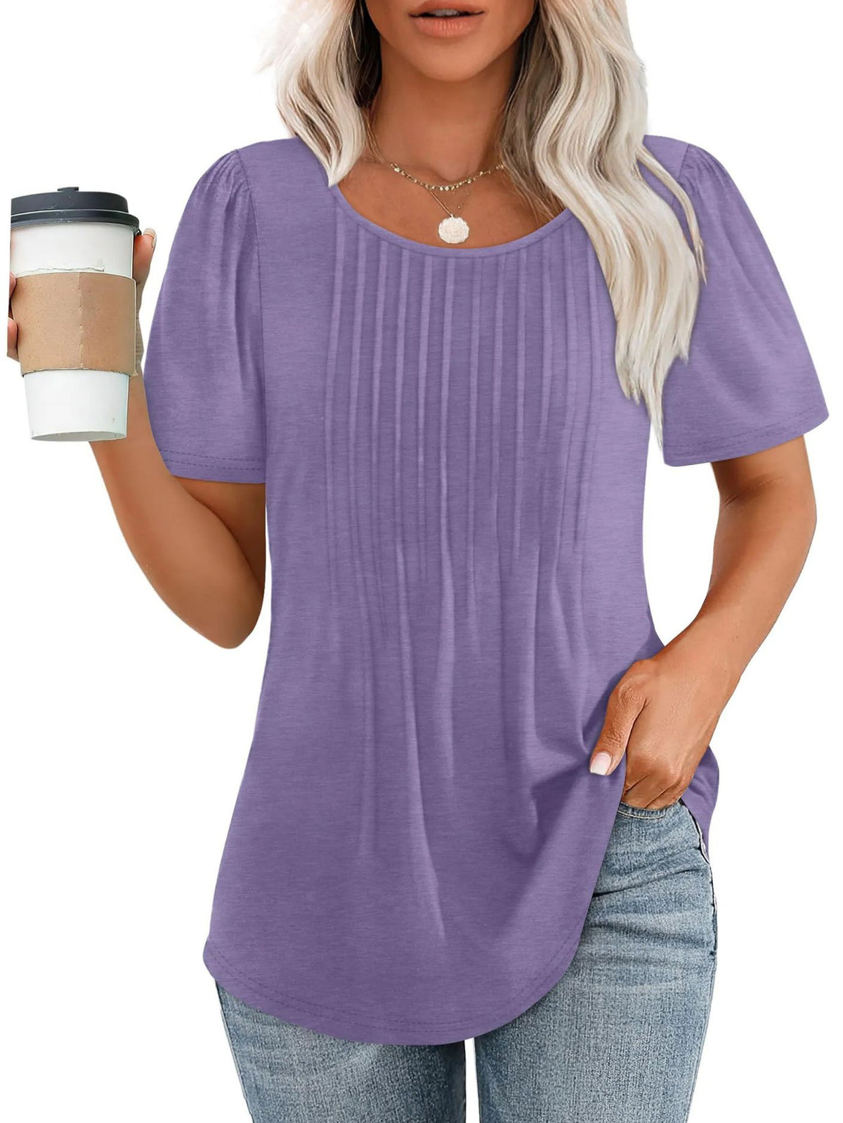 Womens Pleated Round Neck T-Shirt
