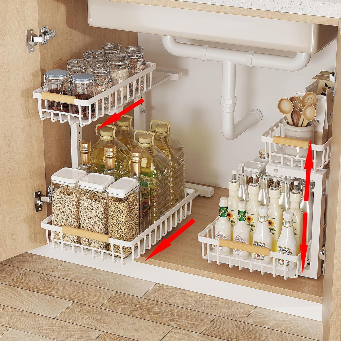 Under sink storage rack metal frame and finish detail