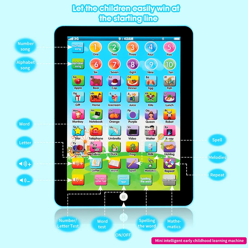 Mini learning tablet keys: number song, alphabet song, words, spelling, math and tests