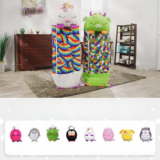 Two rainbow and animal character sleeping bags standing in a room