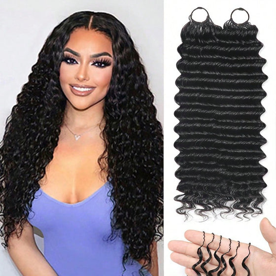 Woman with long deep wave crochet hair beside a looped bundle