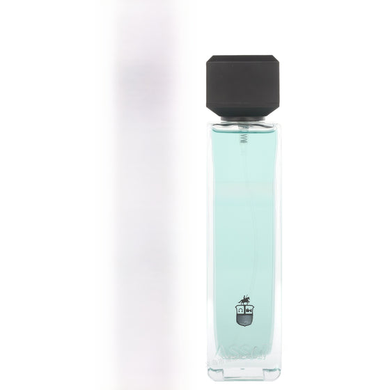 Aqua perfume bottle with a black cap