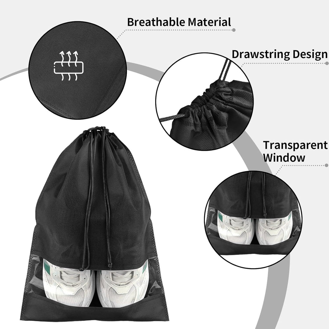 Foldable Non-Woven Drawstring Shoe Bag with Transparent Window, Dustproof Travel Storage Organizer