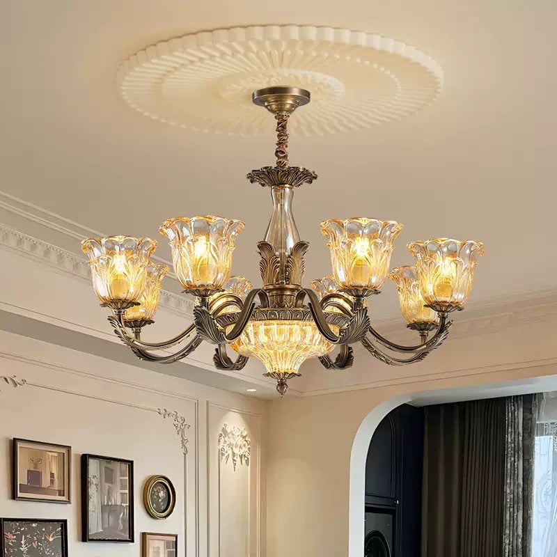All-Copper American Retro Multi-Head Chandelier Glass Shade Pendant Light for Living Room Dining Room