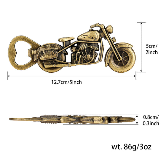 Bronze motorcycle bottle opener dimensions 12.7 x 5 cm, 0.8 cm thick, 86 g
