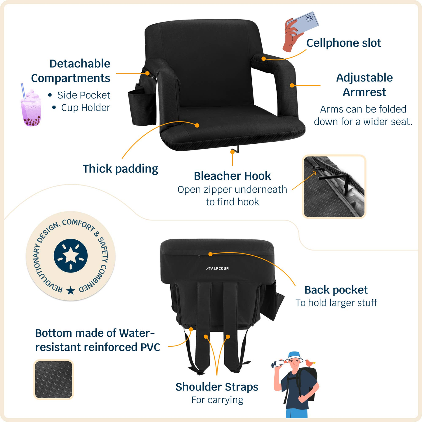 Alpcour Reclining Stadium Seat with Armrests