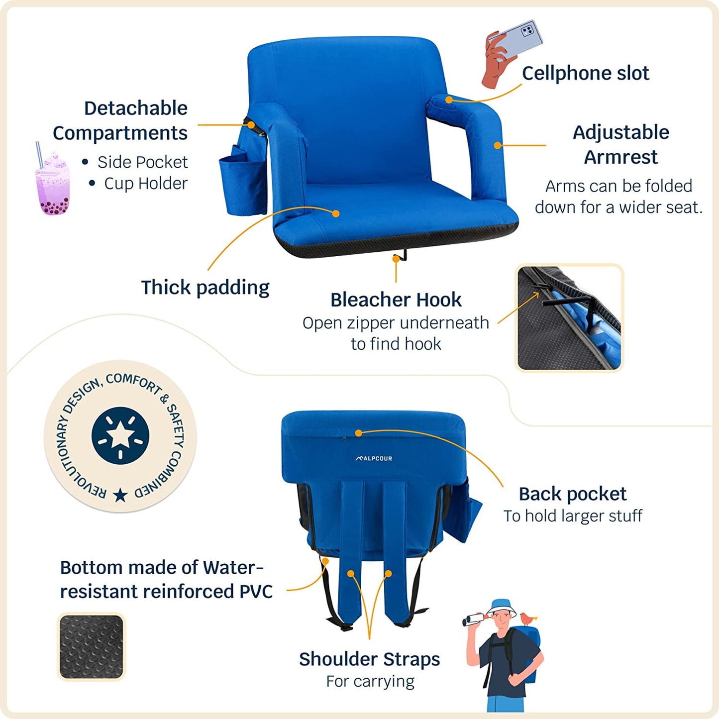 Alpcour Reclining Stadium Seat with Armrests