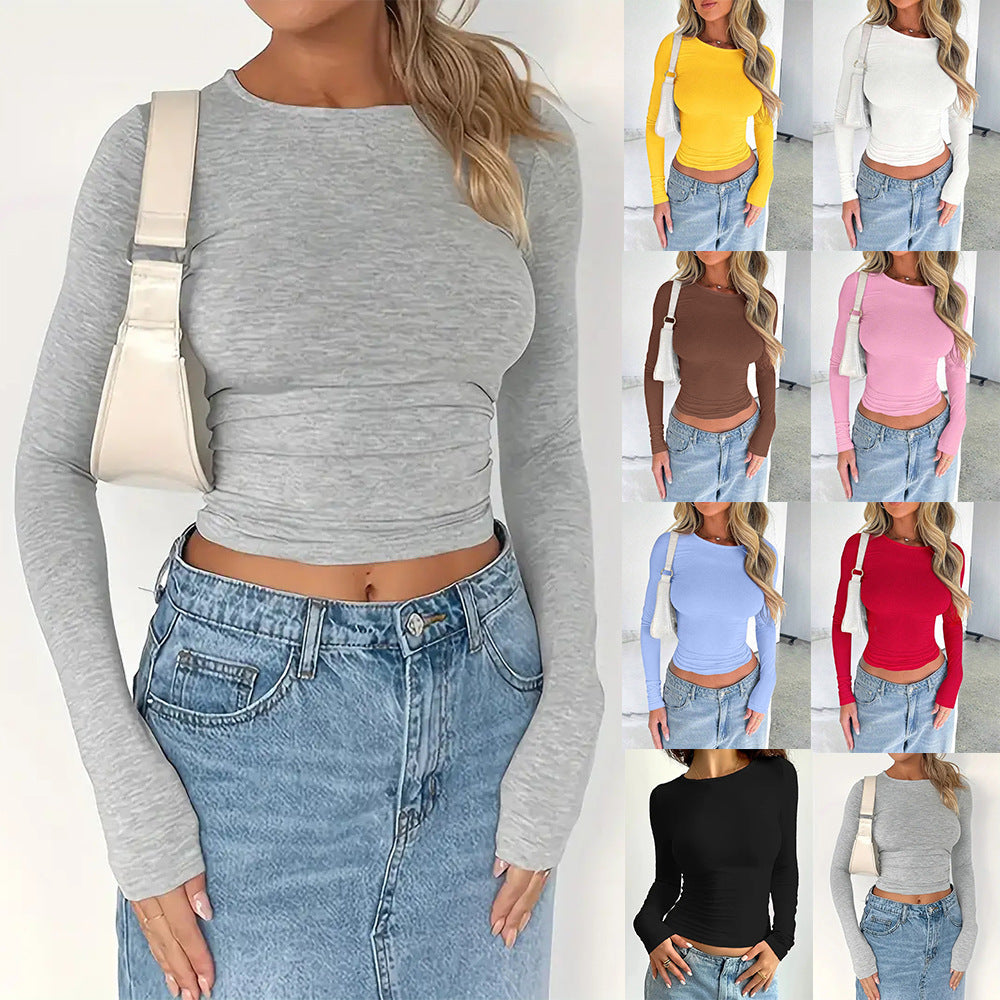 Women's Slim Fit Long Sleeve Solid Color Crewneck T-Shirt