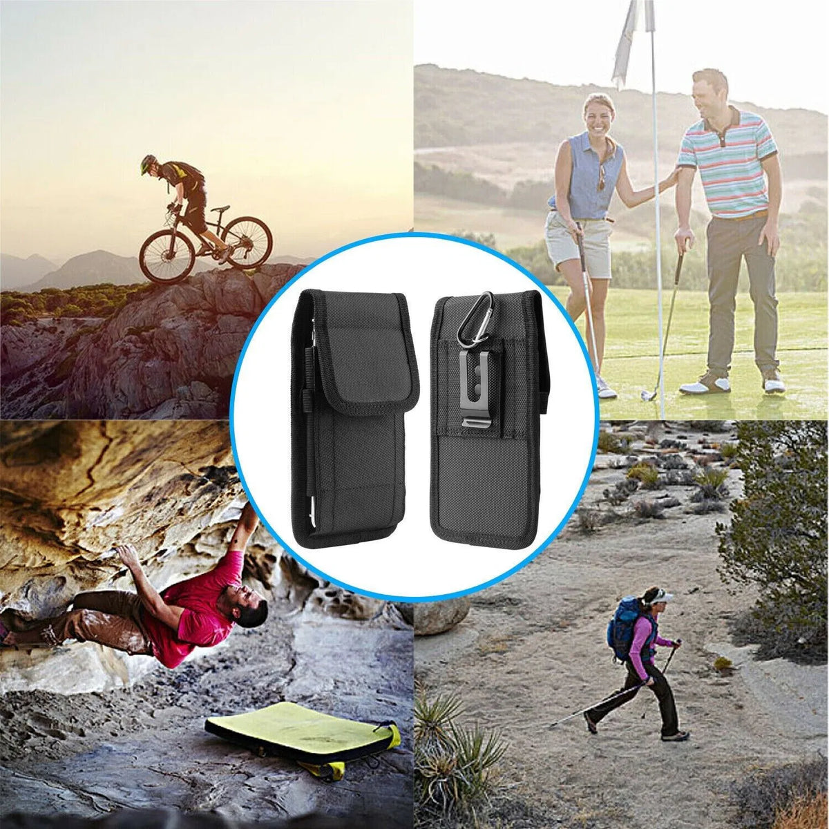 Vertical phone holster front view with belt clip