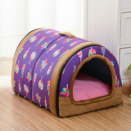 Tunnel-shaped pet house with both entrances visible