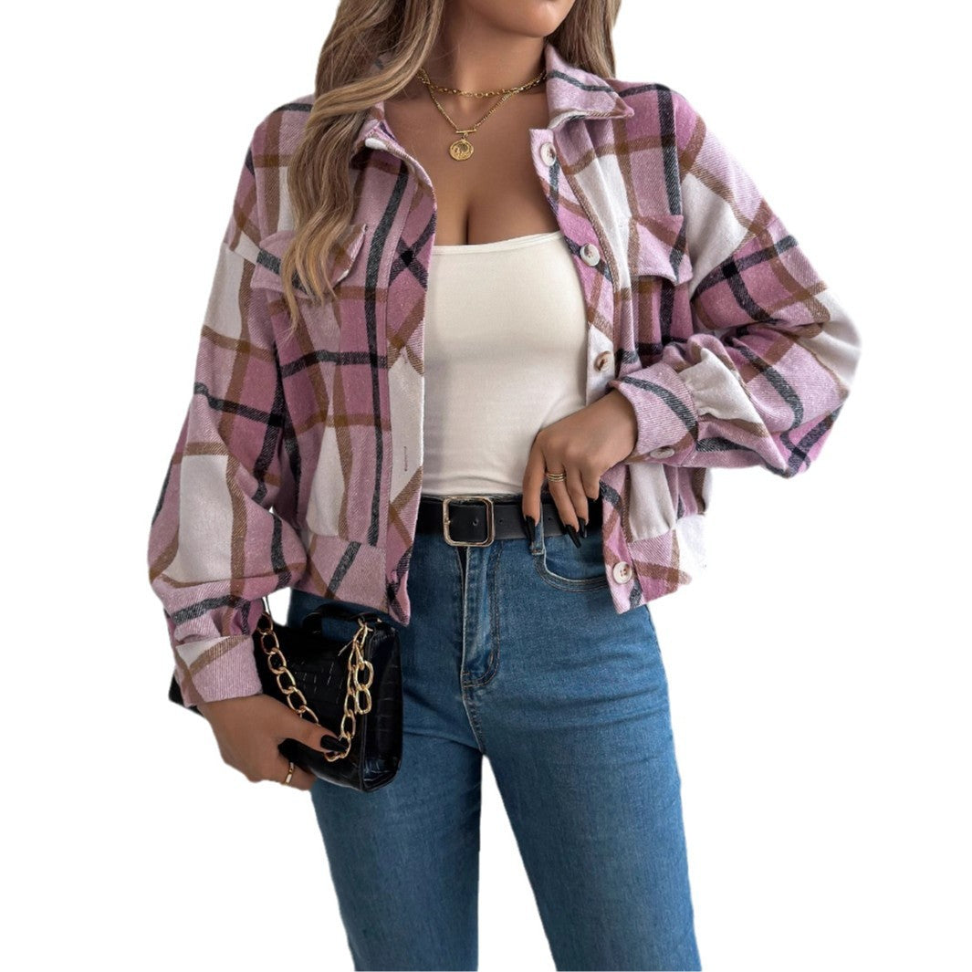 Women's Plaid Long Sleeve Lapel Woolen Jacket with Button Closure