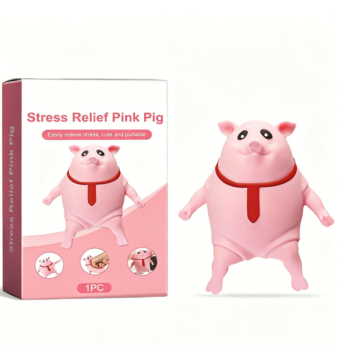 Pink pig stress toy with red tie beside its retail box