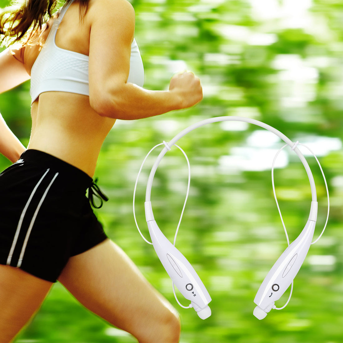 Woman running with white neckband headphones