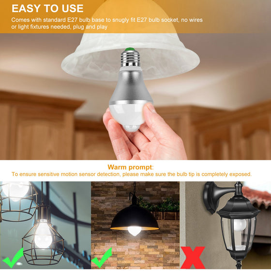 Hand installing a motion sensor bulb with open and enclosed fixture examples
