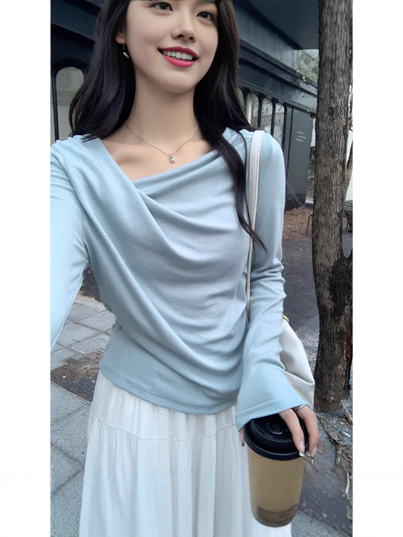 Pure Desire One-Shoulder Collar Long-Sleeved Knit Tight Inner Base Top