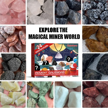 Mineral advent calendar surrounded by rough rocks and crystals