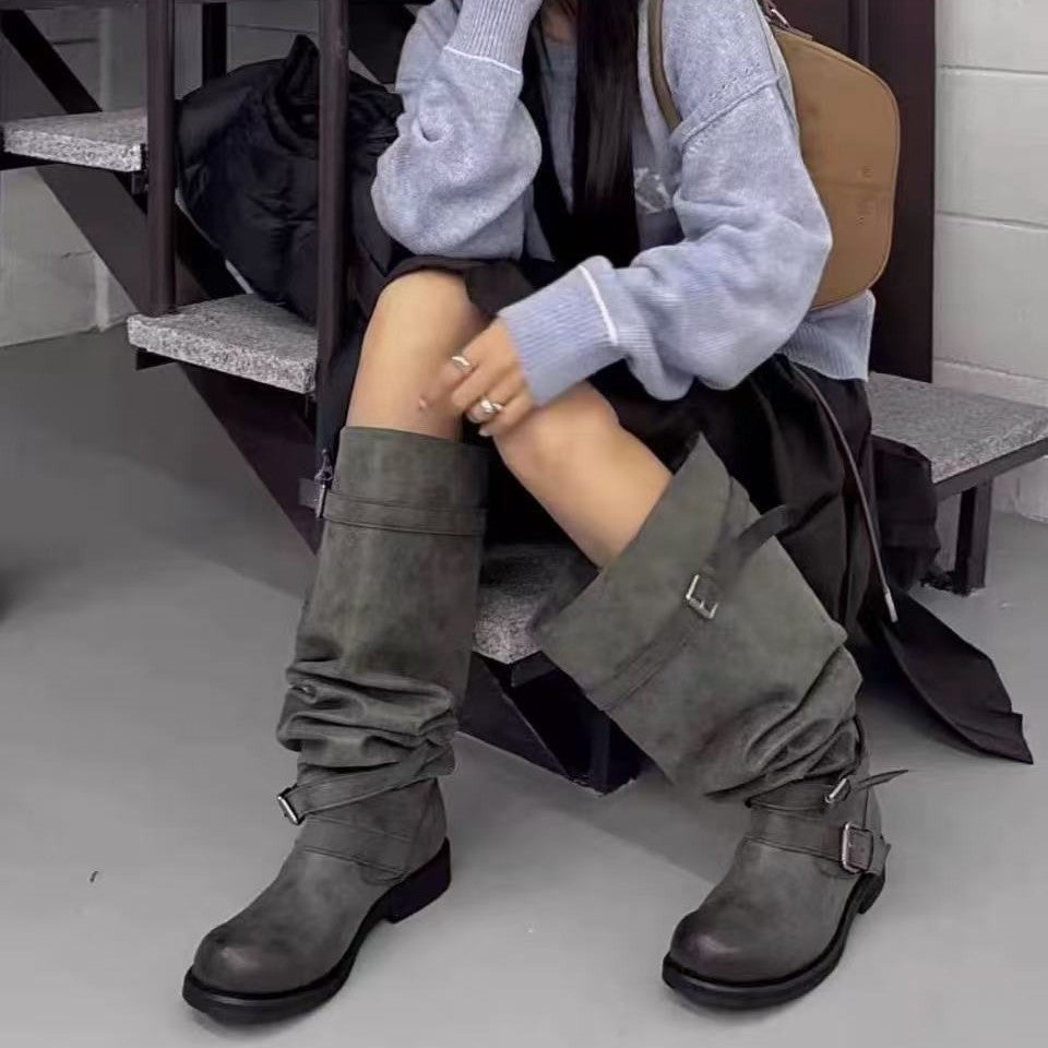 Women's Niche Korean Design Wide-Calf Over-the-Knee Chunky Heel Riding Boots