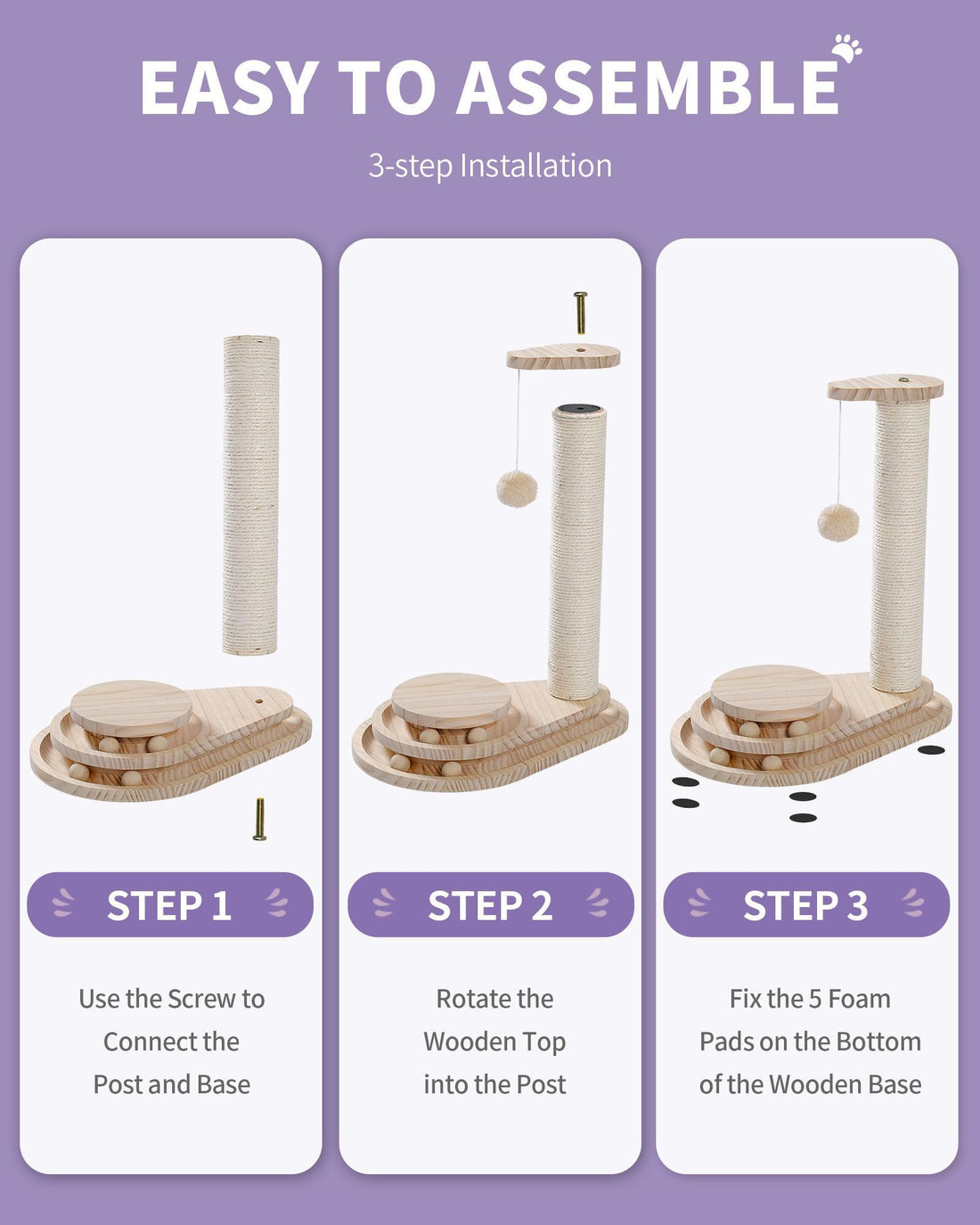Three assembly steps for the cat scratching post and ball track