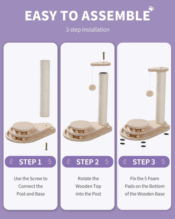 Three assembly steps for the cat scratching post and ball track