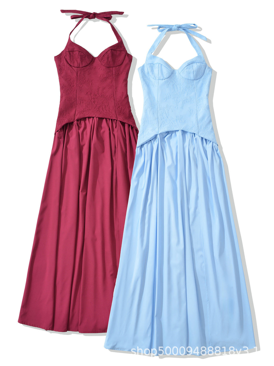 Halter neck lace spliced long dress with side slit, photo 5