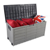 Outdoor storage box positioned in a backyard corner
