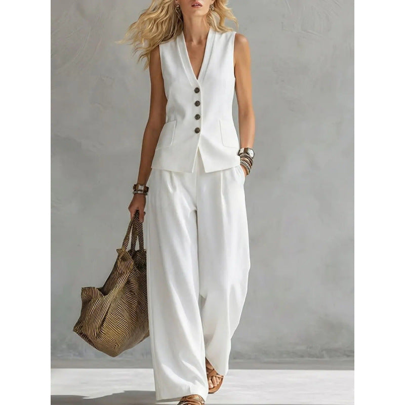 Women Solid Color Sleeveless Linen Vest and Pants Set