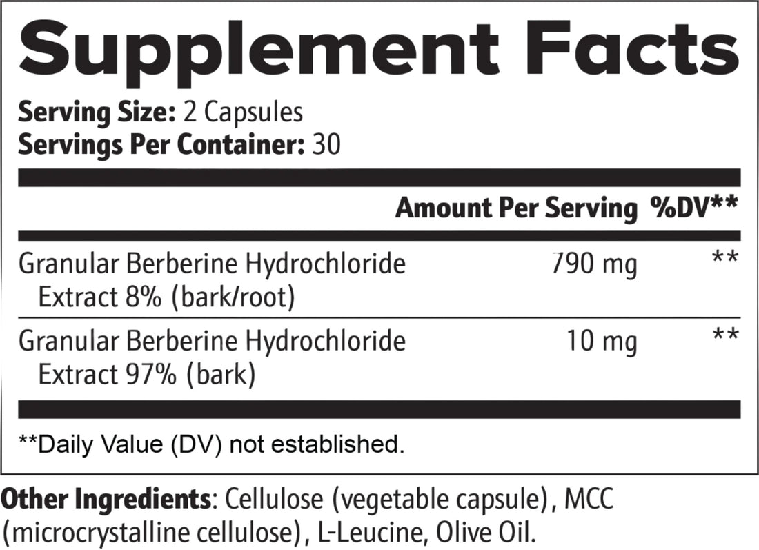 Berberine supplement bottle back panel instructions