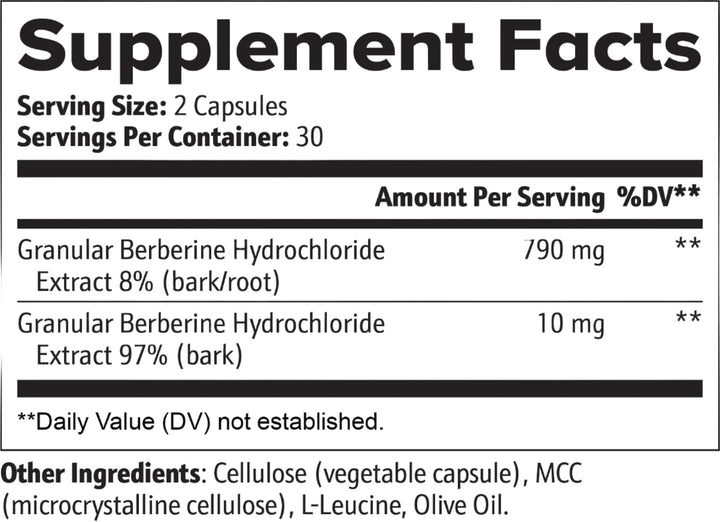 Berberine supplement bottle back panel instructions