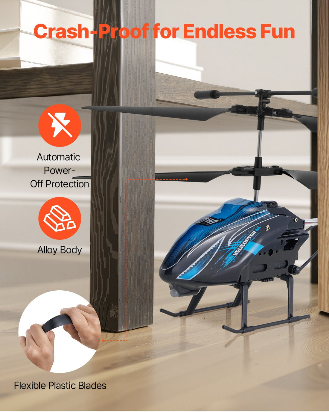 RC helicopter with crash protection: auto power-off, alloy body, flexible plastic blades