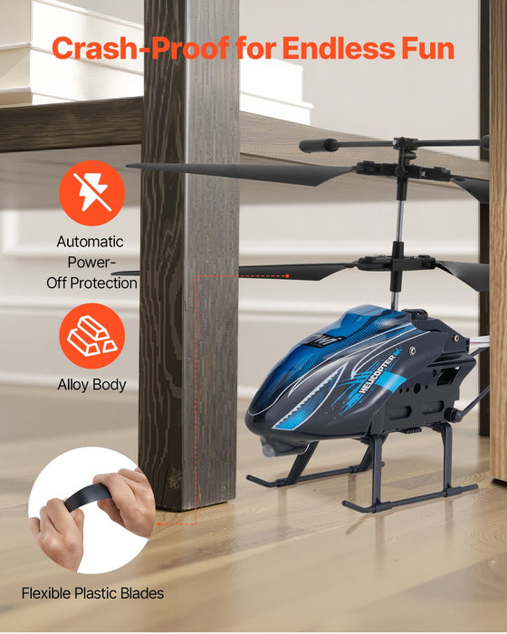 RC helicopter with crash protection: auto power-off, alloy body, flexible plastic blades