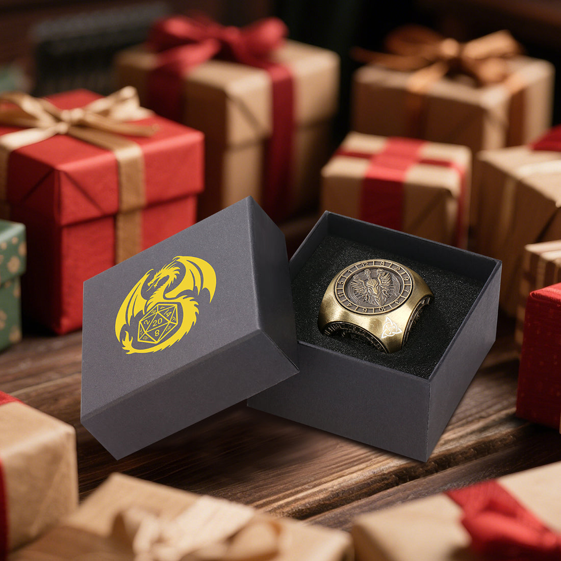 Black dragon gift box with bronze dice wheel inside among wrapped presents