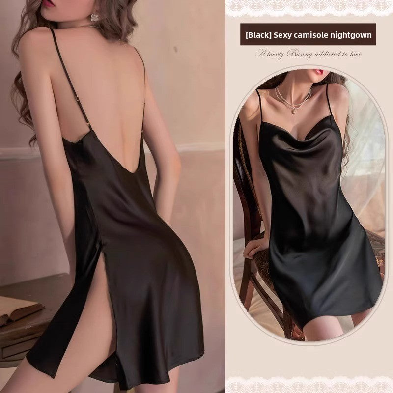 Women's Ice Silk Satin Slit Cami Nightgown Sleeveless Loungewear