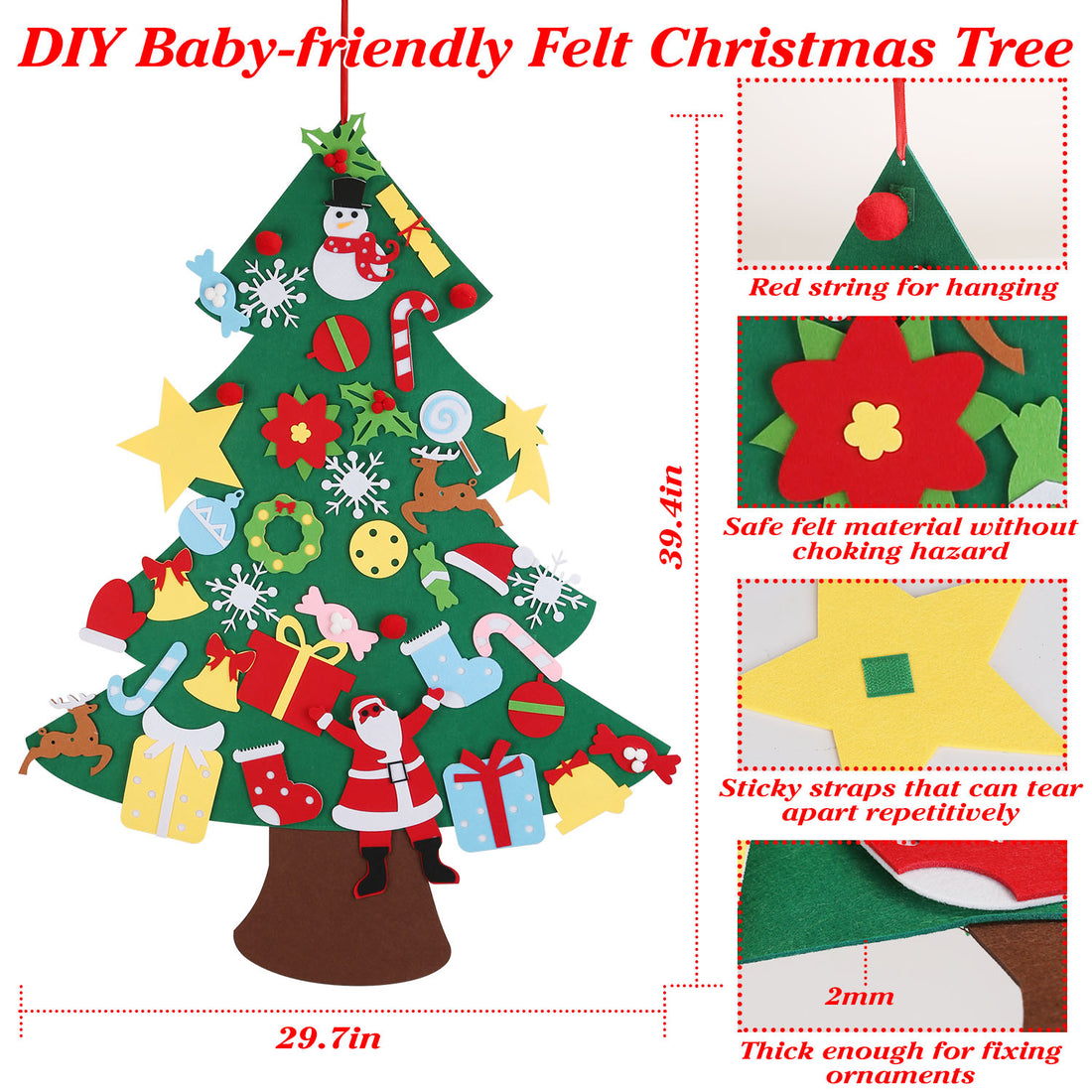 Felt Christmas tree size 39.4 x 29.7 in with hanging string and hook-and-loop ornaments