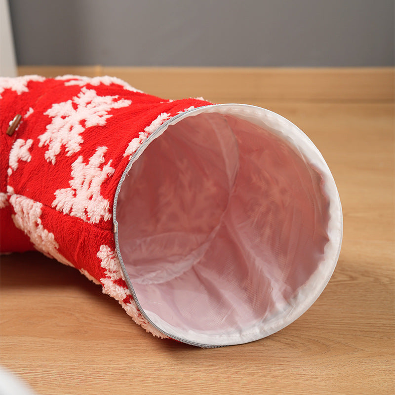 Christmas Cat Tunnel Bed – Red Snowflake Foldable Donut Bed with Play Tunnel