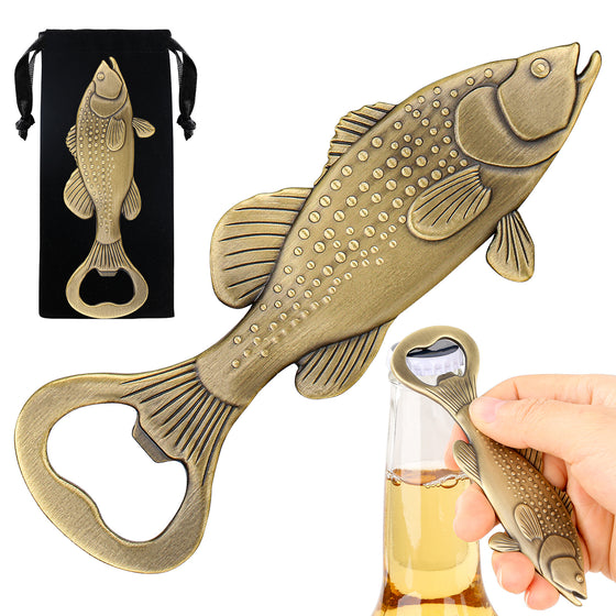 Bronze fish bottle opener opening a beer beside its black velvet bag