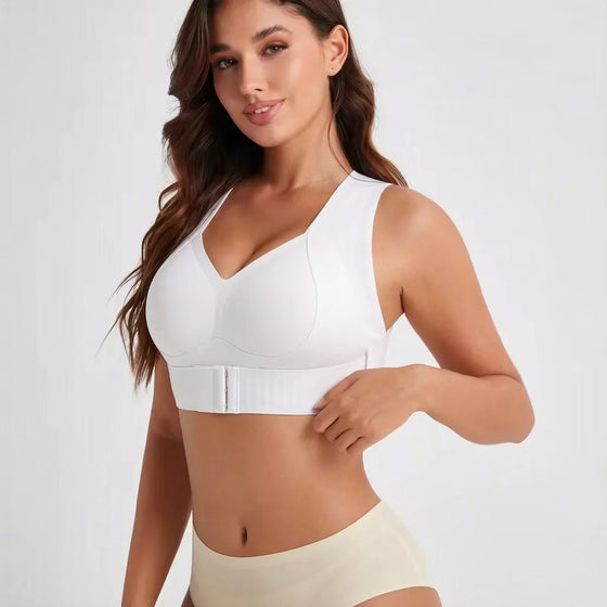 Seamless wire-free back support posture bra with front closure, front buckle closure close-up